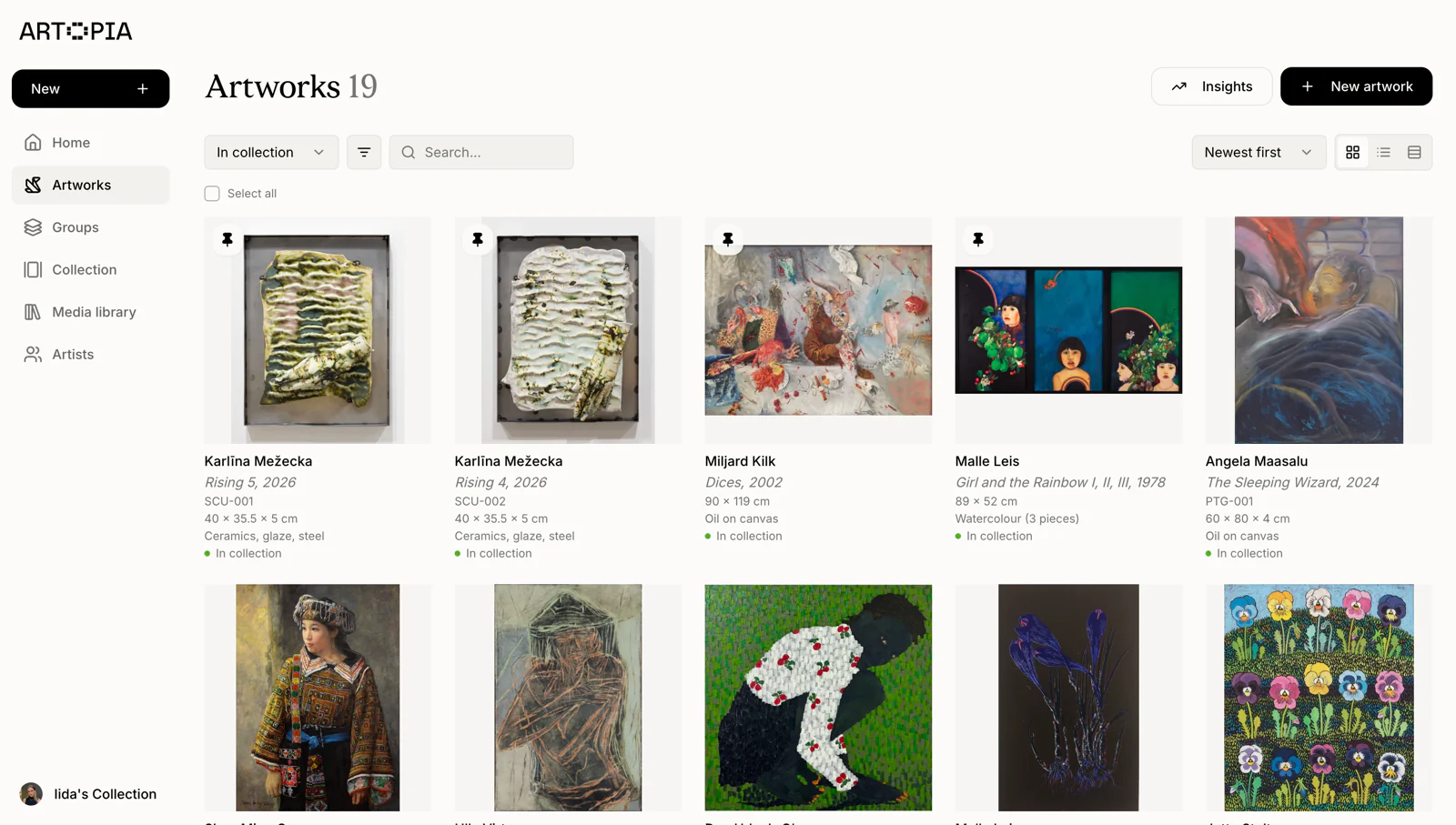Artopia’s artwork inventory, with photographs and collection details in a grid.