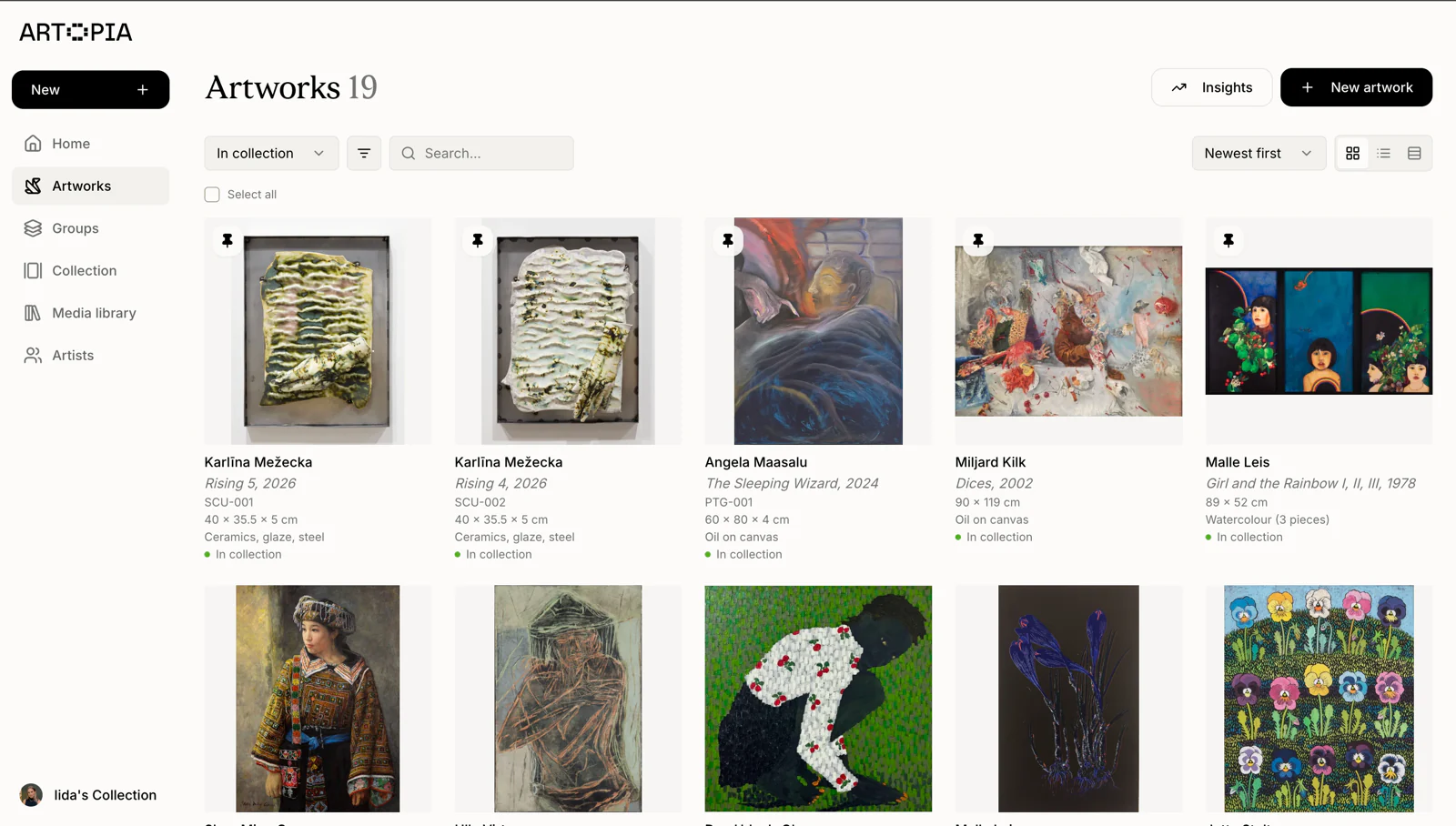 Artopia art collection management software displaying artwork photographs and details in grid view.
