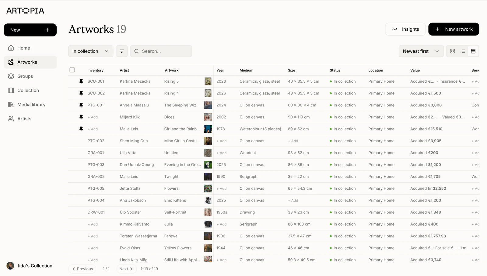 Artopia artwork management software displaying an artwork inventory.