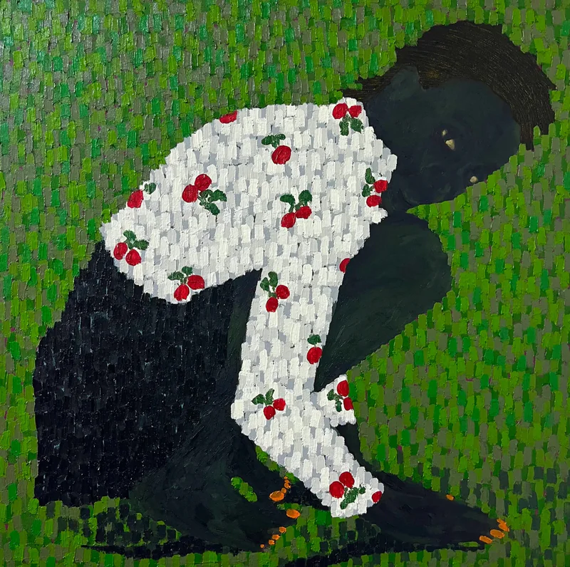 Evening in the Green Field by Dan Uduak-Obong, showing a kneeling figure wearing a floral shirt.