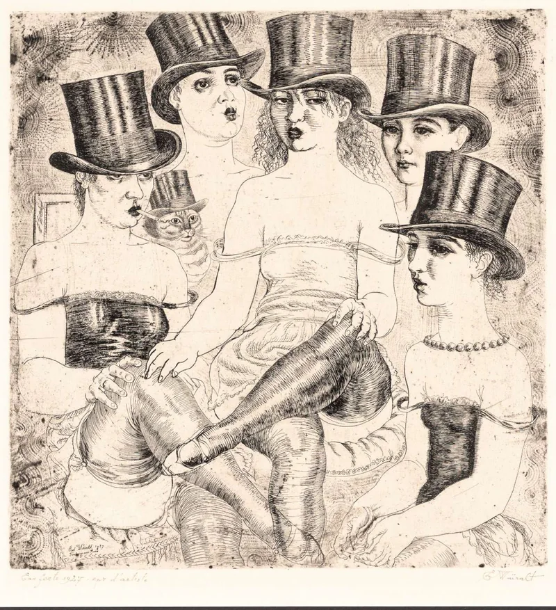 Women in Top Hats by Eduard Wiiralt, a black-and-white etching of women wearing top hats.