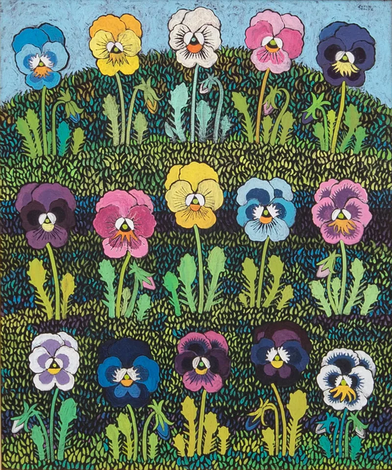 Flowers by Jette Stoltz, with rows of brightly coloured pansies.