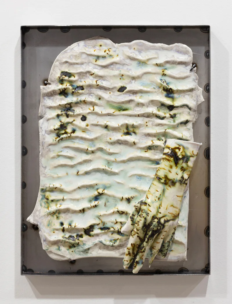 Rising 4 by Karlīna Mežecka, a textured ceramic relief in white and green.