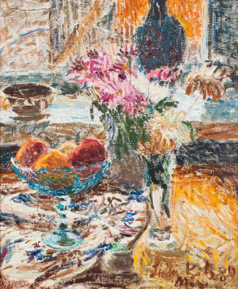 Still Life by Linda Kits-Mägi, showing flowers and fruit on a table.