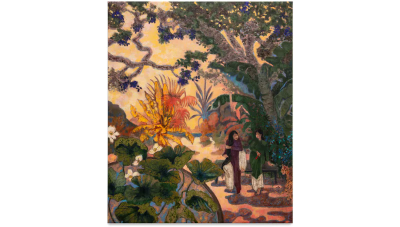 Under the Plum Tree by Tuan Vu, depicting a colourful garden scene.
