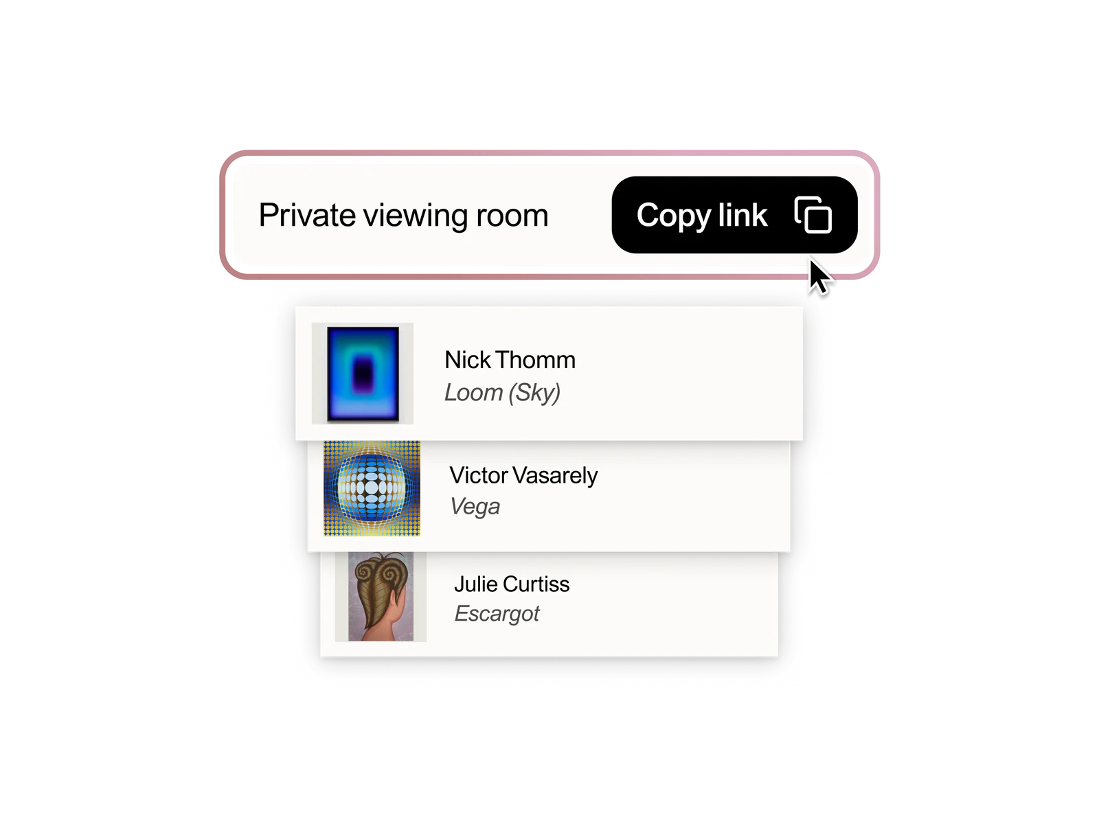 Selected artworks in a private viewing room with a Copy link button.